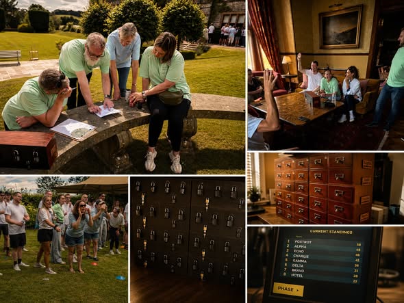 Teams solving puzzles at the Deceivers event, Huntsham Court