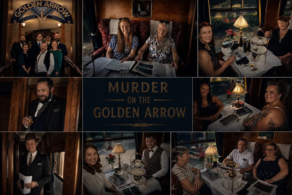 Guests and actors aboard the Golden Arrow murder mystery